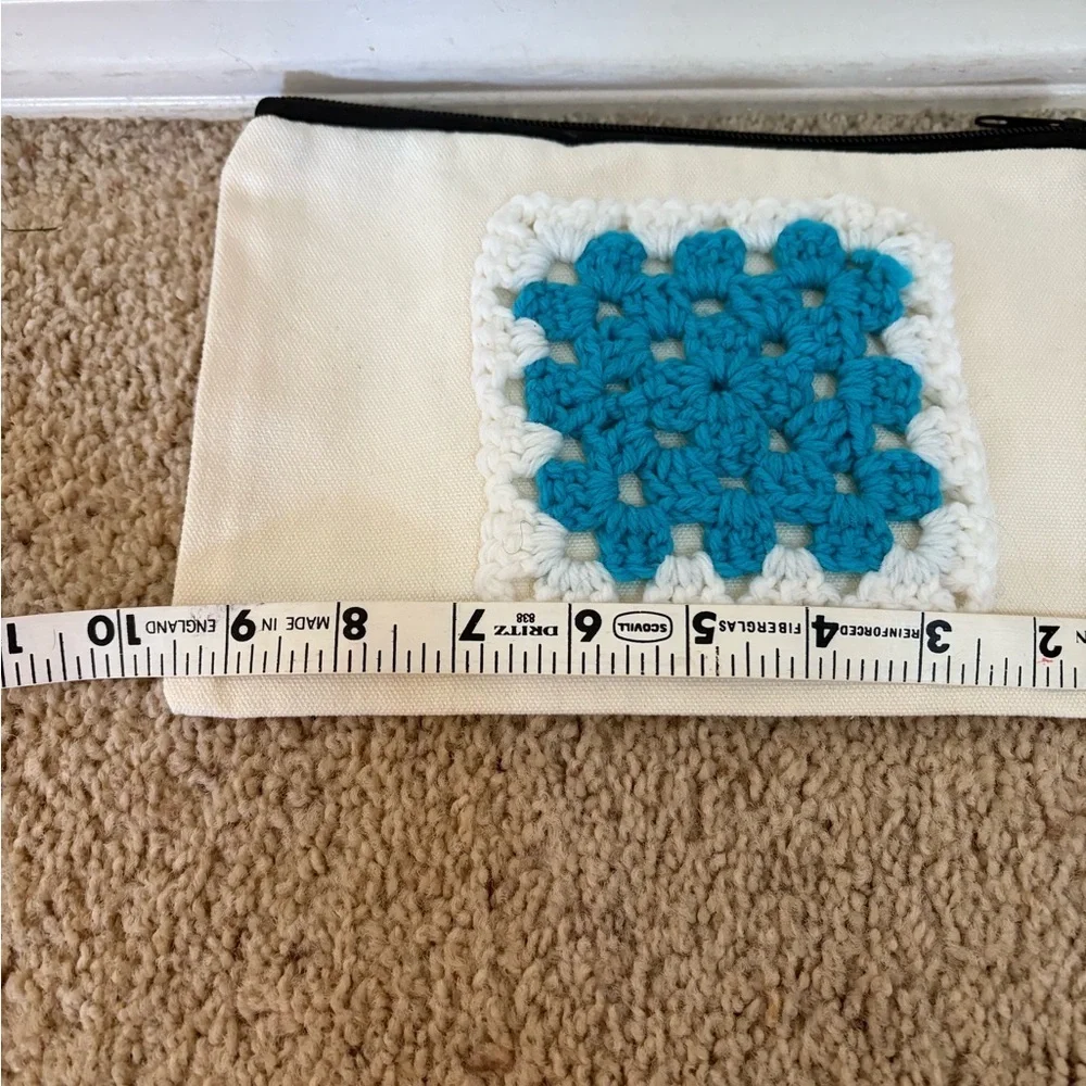 Upcycled Handmade Crochet Accent Pouch - Cream and Blue